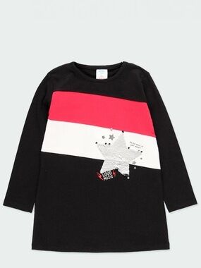 Girls' Black Long-Sleeve Dress with Red & White Stripes Sequin Star
